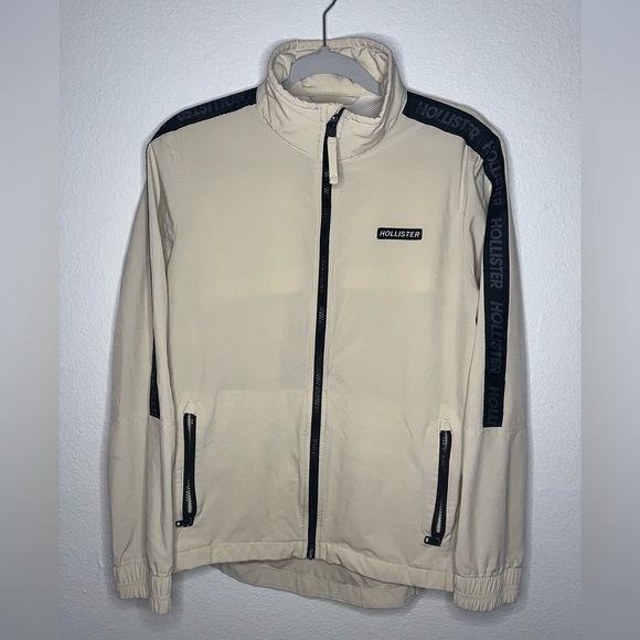 Hollister Epic Flex Men’s Jacket Size Small Beige Cream Black Zip-Up Logo Sleeve - Picture 1 of 5